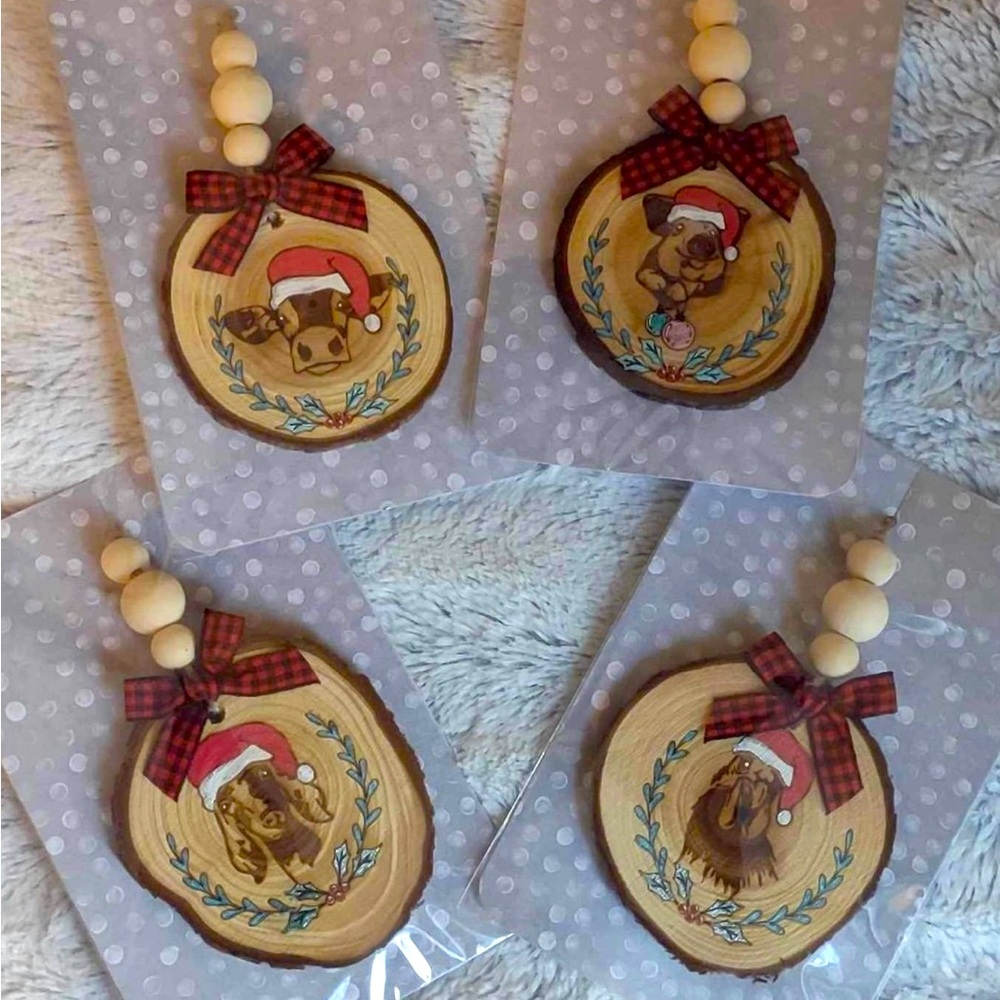 Rustic Farm Animal wood slice Christmas ornament set